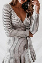 Solid Ribbed V-Neck Casual Long Sweater Dress(2 Colors)