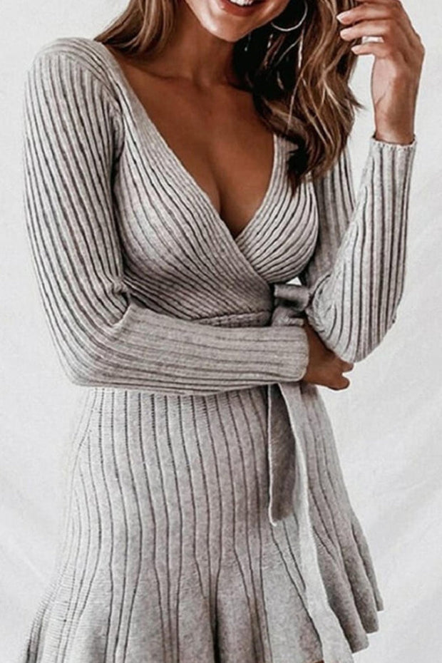 Solid Ribbed V-Neck Casual Long Sweater Dress(2 Colors)