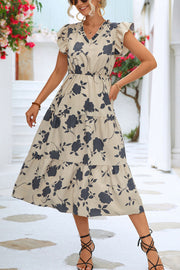 Floral V Neck Beach Ruffle Sleeve Midi Dress