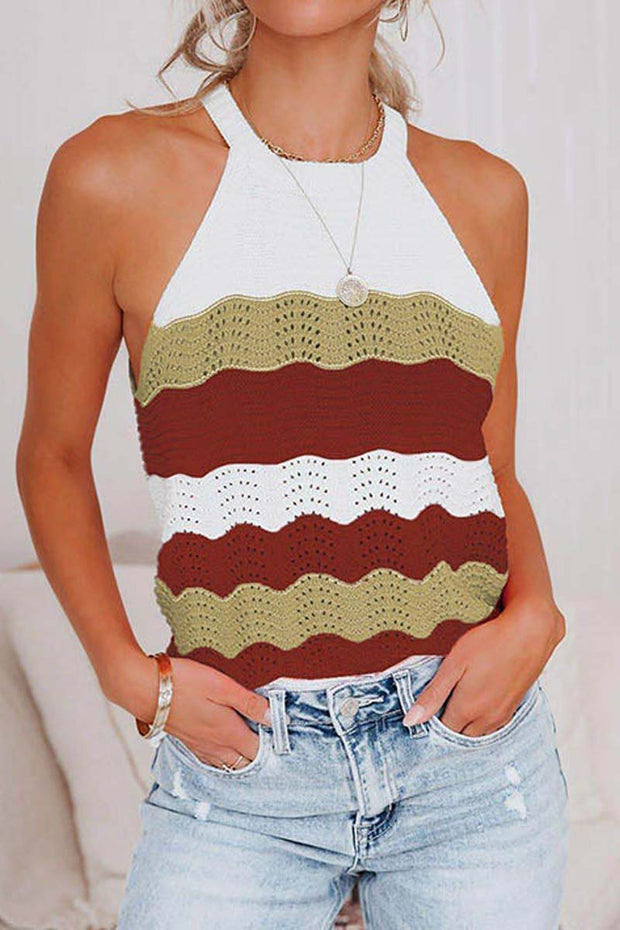 O Neck Sleeveless Hollow Out Color Stripes Knit Vest