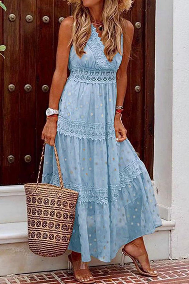 Stylish PolkaDots Print Lace V-Neck Maxi Dress