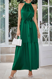 Elegant Solid Halter Neck Lace-up Maxi Dress