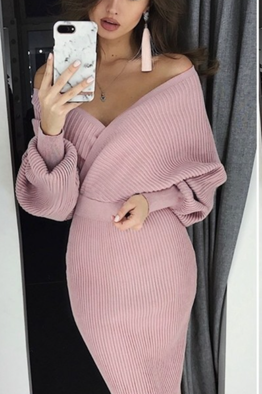 Sexy V Neck Backless Lantern Sleeve Two Pieces Sweater Dress Set（2 Colors）