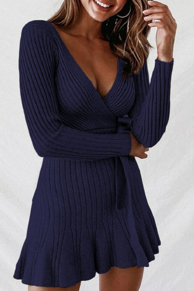 Solid Ribbed V-Neck Casual Long Sweater Dress(2 Colors)