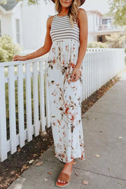 Striped Floral Print Patchwork White Maxi Dress