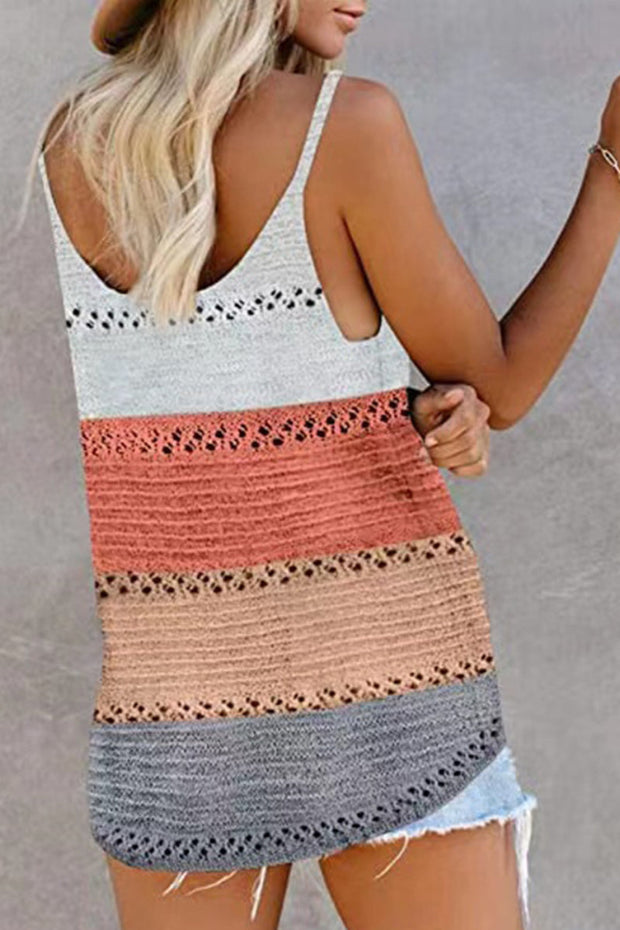 V  Neck Sleeveless  Hollow Out Color Stripes Knit Vest（2 Colors）