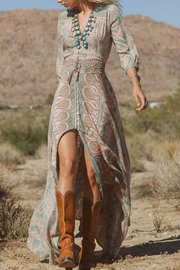 Green Boho Style Floral Chiffon Maxi Dress