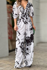 Temperament Elegant Printing Loose Bat Sleeve High Waist Jumpsuit