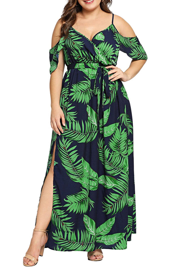 Women Plus Size Cold Shoulder Floral Maxi Bohemian Split Dress