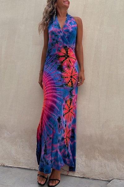 Tie-dye Print Halter Backless Stretch Maxi Dress