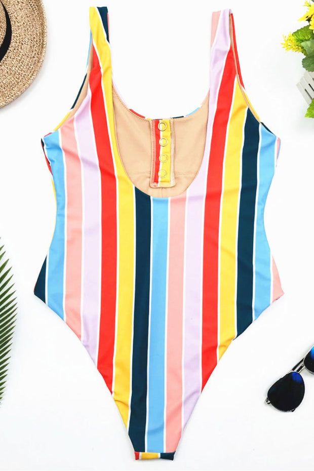 High Leg Rainbow Striped One-piece Swimsuit