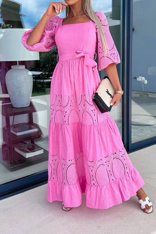 Crochet Lace Patchwork Belted Puff Sleeve Maxi Dress