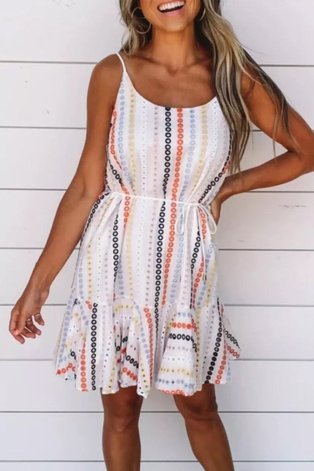 Spaghetti Strap Print White Knee Length Dress