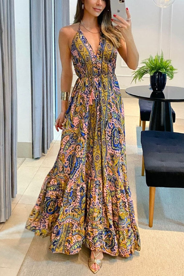 Printed Backless Vacation Maxi Dress