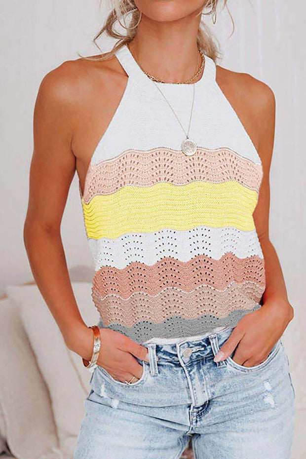 O Neck Sleeveless Hollow Out Color Stripes Knit Vest