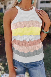 O Neck Sleeveless Hollow Out Color Stripes Knit Vest