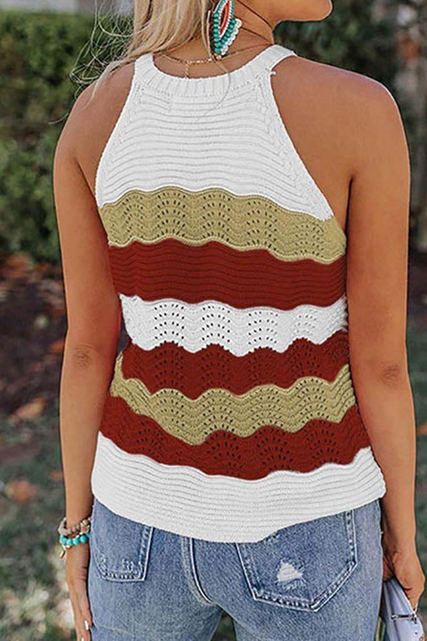 O Neck Sleeveless Hollow Out Color Stripes Knit Vest