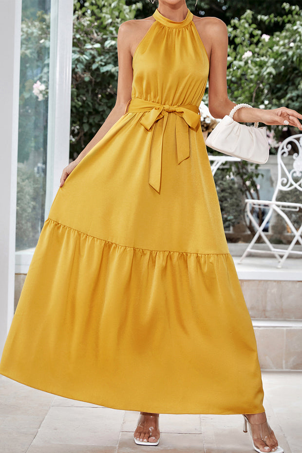 Elegant Solid Halter Neck Lace-up Maxi Dress