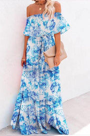 Print Off Shoulder Layered Ruffles Maxi Women Dress