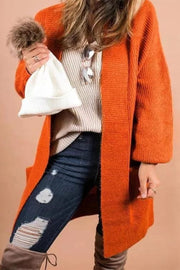 Pumpkin Color Lantern Sleeve Long Knitted Cardigan