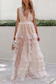 Dreamiest Statement Tiered Nude Tulle Maxi Dress