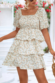 Floral Printed Bubble Sleeve Ruffle Mini Dress