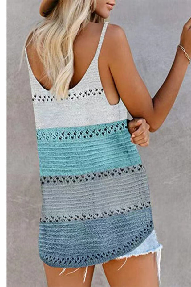 V  Neck Sleeveless  Hollow Out Color Stripes Knit Vest（2 Colors）