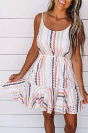 Spaghetti Strap Print White Knee Length Dress