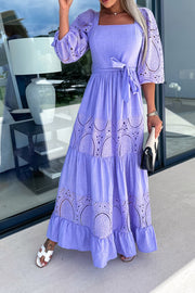 Crochet Lace Patchwork Belted Puff Sleeve Maxi Dress