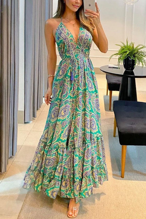 Printed Backless Vacation Maxi Dress