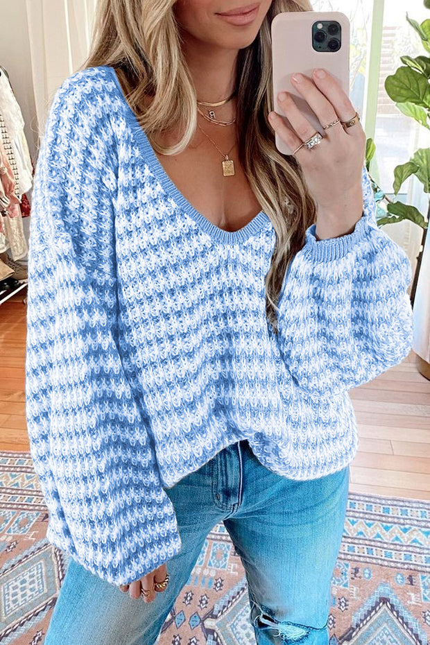 Oversized Stripe V Neck Puff Sleeve Sweater