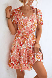 Short Sleeve Floral Printed Beach Mini Wrap Dress