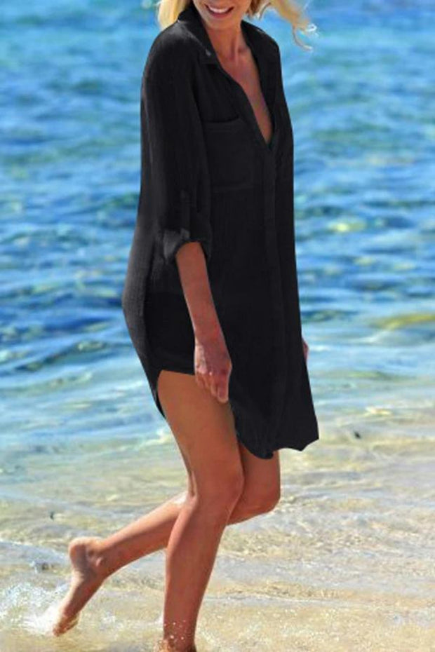 Solid Color Roll Up Sleeve Swimsuit Cover Up