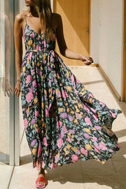 Flowy Floral Printed V Neck Summer Beach Slip Maxi Dress