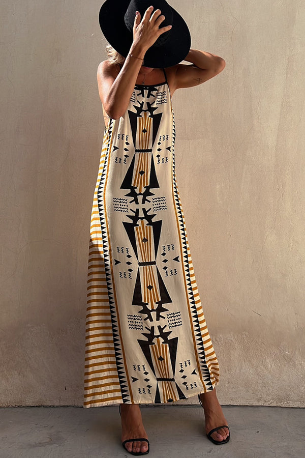 Ethnic Print Backless A-line Maxi Dress