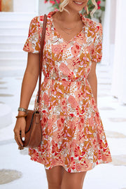 Short Sleeve Floral Printed Beach Mini Wrap Dress