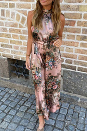 Elegant Vintage Rose Print Halter Neck Maxi Dress