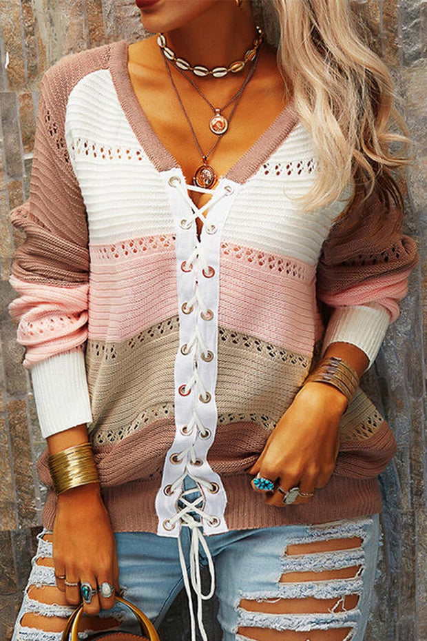 V Neck Lace up Patchwork Loose  Sweater