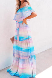 Print Off Shoulder Layered Ruffles Maxi Women Dress