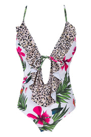 Hollow-out Floral Print Ruffle Trim One-piece swimsuit