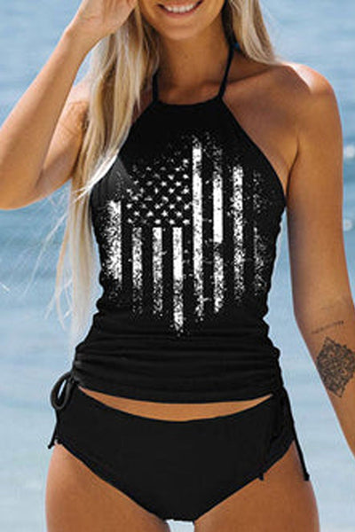 🔥Black Usa Flag Strapless Knot Side Two Piece Swimwear