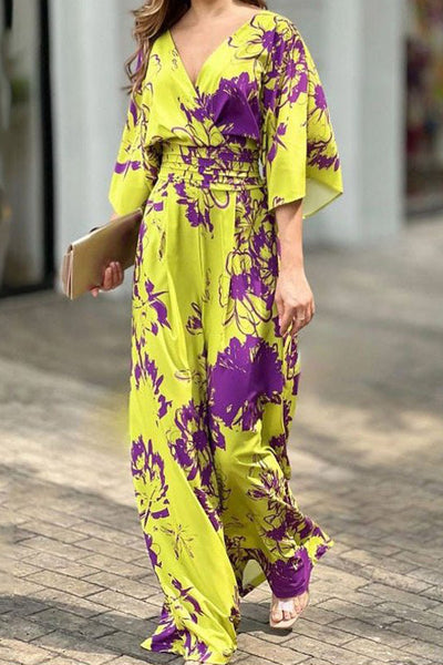 Temperament Elegant Printing Loose Bat Sleeve High Waist Jumpsuit