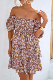 Floral Printed Bubble Sleeve Ruffle Mini Dress