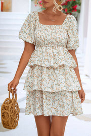 Floral Printed Bubble Sleeve Ruffle Mini Dress