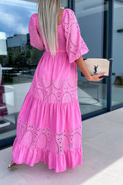 Crochet Lace Patchwork Belted Puff Sleeve Maxi Dress