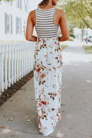 Striped Floral Print Patchwork White Maxi Dress