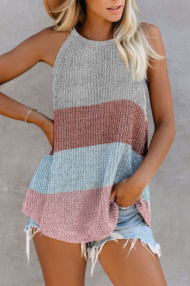 Striped Halter Crew Neck Sleeveless Knit Vest（3  Colors）