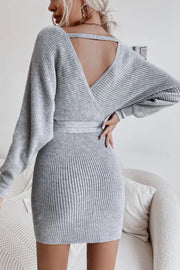 Wrap Batwing Sleeve Belted Cut Out Backless Sweater Dress