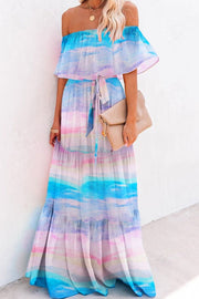 Print Off Shoulder Layered Ruffles Maxi Women Dress