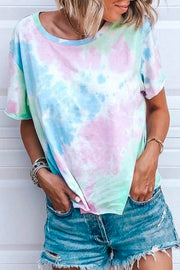 O Neck Daily Loose Tie-dye Blue T-shirt